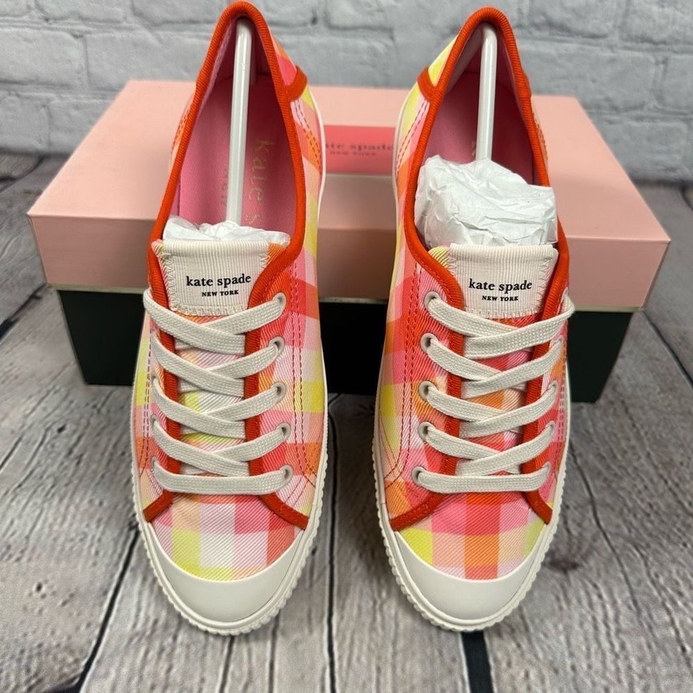 Kate Spade Tennison Pink Madras Plaid Fashion Sneakers Shoes Lace-Up NEW - Picture 2 of 6